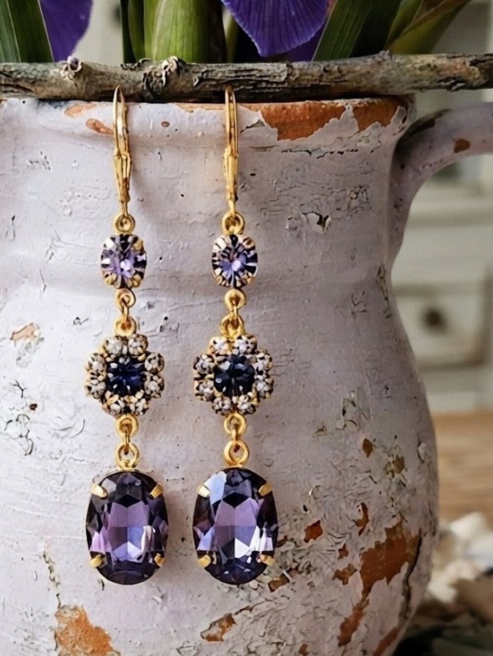 Swarovski Lavender Purple & Flower Crystals In Long Three Tiered GP Earrings